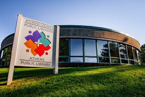 Athens Public Library photo of rotunda with sign in front